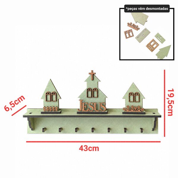 Kit Prateleira c/ ganchos + Igreja e Casinhas